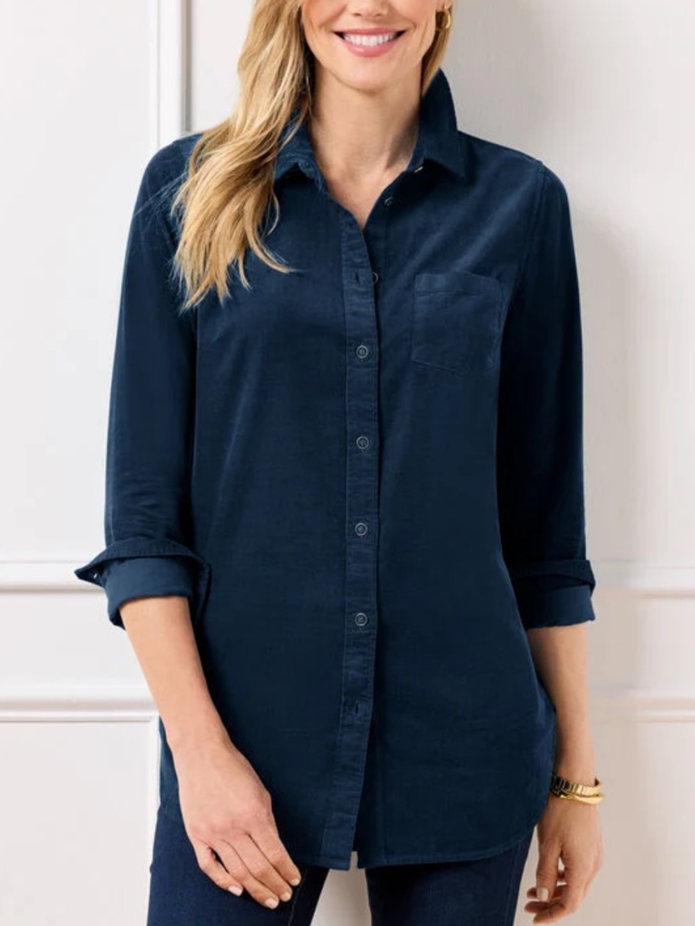 Talbots Navy Blue CORDUROY BOYFRIEND Button Down SHIRT Size 1X.